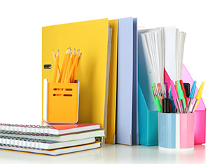 School supplies lines up on a desk